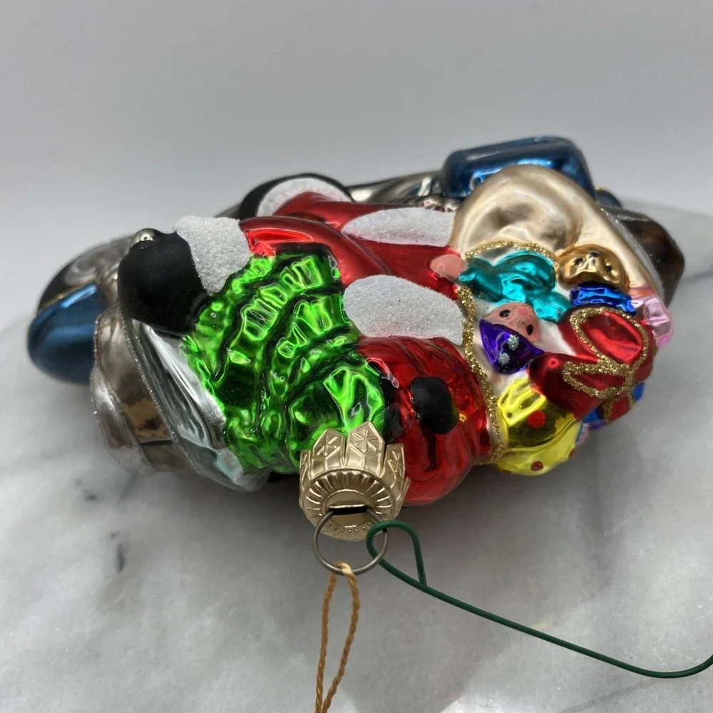 Kurt Adler Santa on Motorcycle Glass Christmas Ornament Blue Silver Red